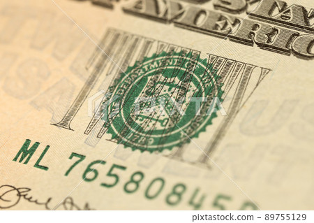 Macro shot with part of 20 US dollars bill. Twenty dollars banknote close up photo with high resolution. Money earnings, payday or tax paying period 89755129