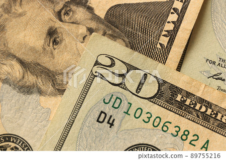 Big amount of old 20 dollar bills details on macro photography. Money earnings, payday or tax paying period 89755216