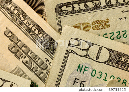 Big amount of old 20 dollar bills details on macro photography. Money earnings, payday or tax paying period 89755225
