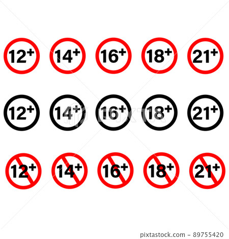 Adults content only age restriction 12, 14, 16, 18, 21 plus years old icon. Set of age restriction signs. Age limit concept. flat style. Adults content only age restriction 12, 14, 16, 18, 21 plus years old icon. Set of age restriction signs. Age limit concept. flat style. 89755420