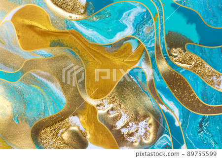 Streams of liquid blue, white and gold ink curls. Waves of fluid turquoise and golden waves. 89755599