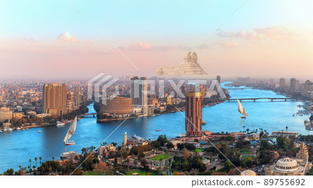 Aerial view on Cairo downtown, the Nile, skyscrapperts, bridges and sailboats, Egypt Aerial view on Cairo downtown, the Nile, skyscrapperts, bridges and sailboats, Egypt 89755692