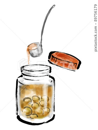 Hand-painted Japanese-style illustration of picking plum wine from a bottle with a lid Hand-painted Japanese-style illustration of picking plum wine from a bottle with a lid 89756179