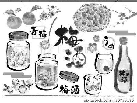 Hand-painted Japanese-style illustration set related to plum wine monochrome 89756180