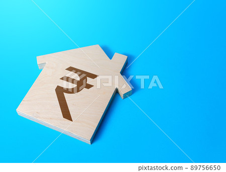 House with a indian rupee symbol. Cost estimate. Search for options, choice of residential buildings. Property price valuation evaluation. Solving housing problems, deciding buy or rent real estate. House with a indian rupee symbol. Cost estimate. Search for options, choice of residential buildings. Property price valuation evaluation. Solving housing problems, deciding buy or rent real estate. 89756650