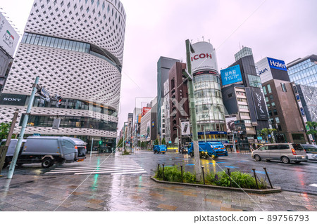 Tokyo cityscape of Japan Looking at the garbage trucks running at the Ginza 4-chome intersection in the early morning = May 13 Tokyo cityscape of Japan Looking at the garbage trucks running at the Ginza 4-chome intersection in the early morning = May 13 89756793