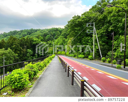 東京郊外的一條道路。多摩地區的風景。沒有電線桿的道路。 東京郊外的一條道路。多摩地區的風景。沒有電線桿的道路。 89757228