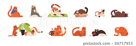 Flat cute ginger cats in different funny poses playing and relaxing 89757953