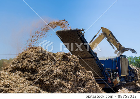Construction site area in crane loading roots wood to chipper shredder machine Construction site area in crane loading roots wood to chipper shredder machine 89758012