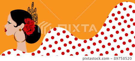 beautiful portrait Spanish Latin woman banner, hairstyles for flamenco girl wearing folk accessories peineta, red rose flower and earrings, polka dot dress, vector isolated on colorful background  89758520