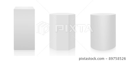 Museum stage. Realistic cubes podium, 3d exhibit displays. Gallery geometric blank product stands. on white background. 3D render Museum stage. Realistic cubes podium, 3d exhibit displays. Gallery geometric blank product stands. on white background. 3D render 89758526