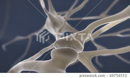 Brain cell synapse showing chemical messengers or neurotransmitters released Brain cell synapse showing chemical messengers or neurotransmitters released 89758553