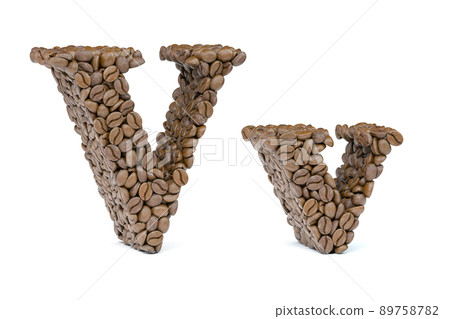 Letter V from coffee bean isoilated on white. Coffee alphabet font. 89758782