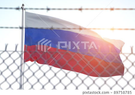 Flag of Russia behind barbed wire fence. Concept of sanctions, dictatorship, discrimination and violation of human rights and freedom in Russia. 89758785