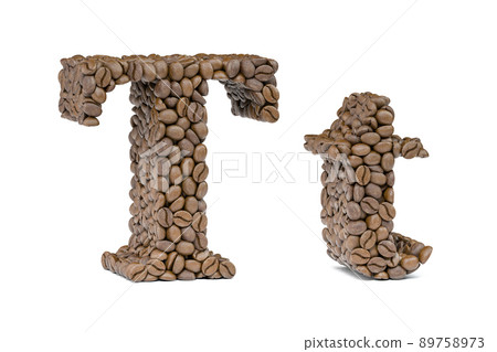 Letter T from coffee bean isoilated on white. Coffee alphabet font. 89758973