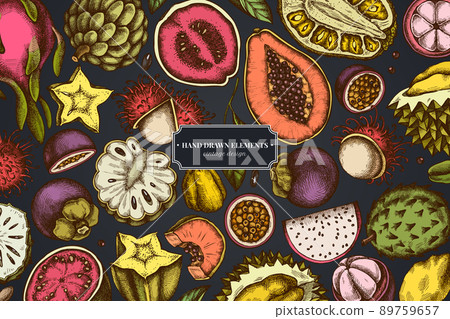 Design on dark background with papaya, guava, passion fruit, starfruit, durian, rambutan, pitaya 89759657