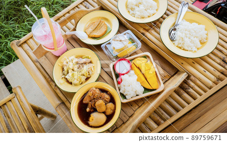 Thai lunch local food object still life. Kai Pa low  Boiled egg and pork  in sweet brown soup 89759671