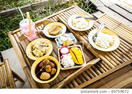 Thai lunch local food object still life. Kai Pa low Boiled egg and pork in sweet brown soup Thai lunch local food object still life. Kai Pa low Boiled egg and pork in sweet brown soup 89759672