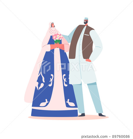 Newlywed Muslim Man and Woman Wear Traditional Festive Clothes Happy Smiling. Islamic Couple Marriage Celebration 89760086