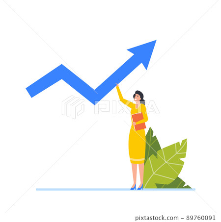 Business Woman Hold Huge Rising Arrow. Female Character Move to Success on Growing Arrow Chart, Leadership, Market 89760091