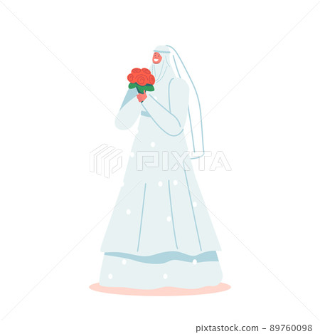 Happy Muslim Bride Female Character in White Dress and Hijab Holding Bouquet of Red Roses in Hands during Wedding 89760098