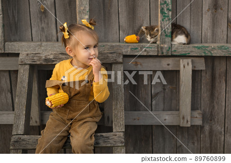 A small cheerful fun girl sits on a wooden ladder and eats corn. The kitten is sitting next to the child. A small cheerful fun girl sits on a wooden ladder and eats corn. The kitten is sitting next to the child. 89760899
