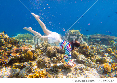 Child snorkeling. Kids underwater. Beach and sea. Child snorkeling. Kids underwater. Beach and sea. 89760932