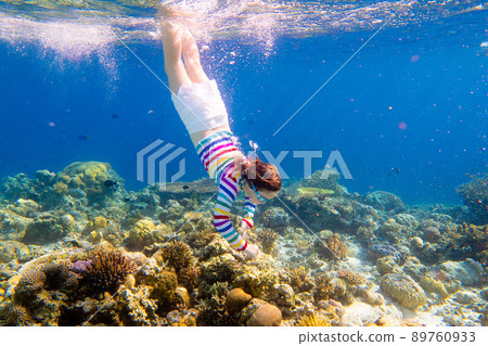 Child snorkeling. Kids underwater. Beach and sea. 89760933