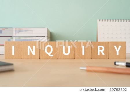 Image of questions / inquiries | Desk with building blocks with "INQUIRY" written on it Image of questions / inquiries | Desk with building blocks with "INQUIRY" written on it 89762802