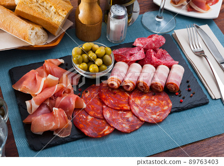 Spanish sausage sliced - chorizo, fuet, jamon, salami, bacon Spanish sausage sliced - chorizo, fuet, jamon, salami, bacon 89763403