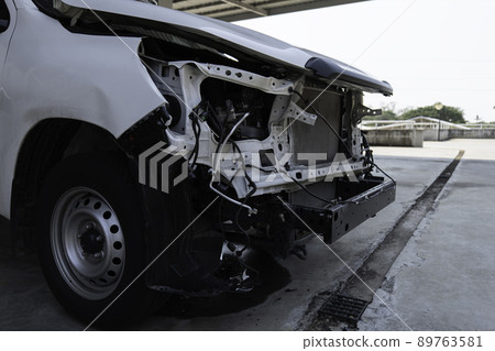 white car get damaged by accident on street. car crash accident. white car get damaged by accident on street. car crash accident. 89763581