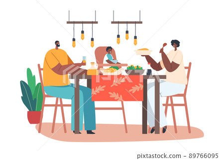 Happy African Family Father, Mother and Little Baby Sit on High Stool Having Dinner Sitting Table with Food on Kitchen 89766095