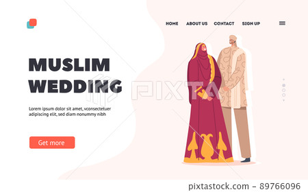 Muslim Wedding Landing Page Template.Islamic Newlywed Wear Festive Dresses Celebrate Ceremony, Groom and Bride 89766096