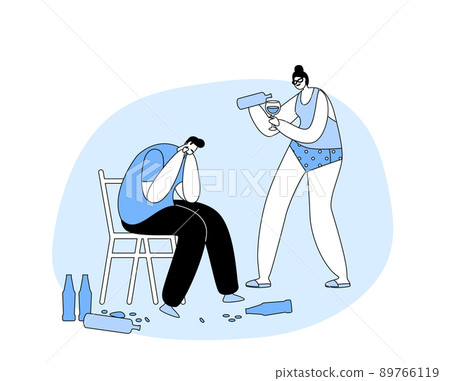 Addiction Concept. Drunk Sleazy Man and Woman Drink Alcohol. Male and Female Characters with Pernicious Habits Addiction Concept. Drunk Sleazy Man and Woman Drink Alcohol. Male and Female Characters with Pernicious Habits 89766119