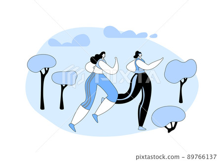 Happy Women in Sports Wear Running Activity, Jogging, Sprint or City Marathon on Nature Landscape Background Happy Women in Sports Wear Running Activity, Jogging, Sprint or City Marathon on Nature Landscape Background 89766137