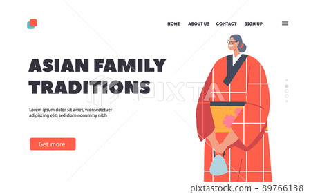 Asian Family Traditions Landing Page Template. Asian Aged Smiling Woman, Old Female Character wear Oriental Kimono 89766138
