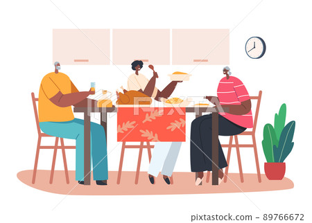 Young and Senior African Family Characters Sitting at Table with Food Drinking Beverages and Communicating at Home Young and Senior African Family Characters Sitting at Table with Food Drinking Beverages and Communicating at Home 89766672