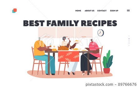 Best Family Recipes Landing Page Template. Young and Senior African Characters Sit at Table with Food and Communicating 89766676