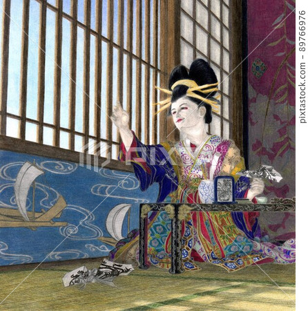 花魁從帶紙飛機的日式房間向外望去 花魁從帶紙飛機的日式房間向外望去 89766976
