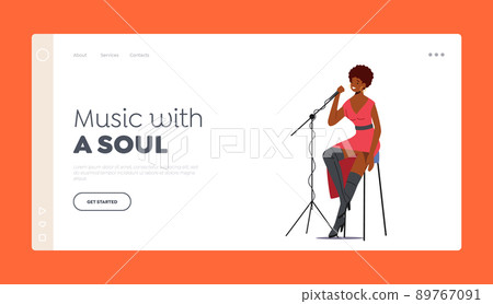 Singer Performance Landing Page Template. African Woman Sitting on Stage with Microphone Singing Song in Jazz Band 89767091