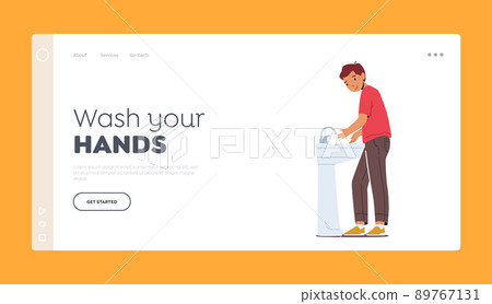 Little Boy Washing Hands in Sink Landing Page Template. Kid Daily Morning or Evening Routine. Child in Bathroom 89767131