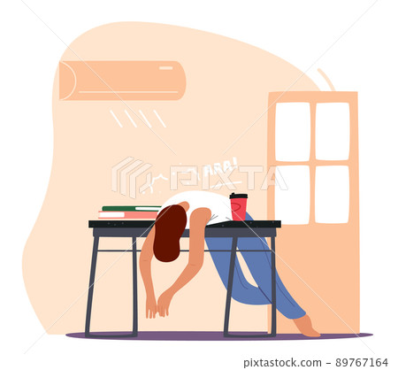 Man Lying on Working Desk Under Conditioner Flow Suffering of Heat Stroke and Fierce Heating. High Temperature at Summer Man Lying on Working Desk Under Conditioner Flow Suffering of Heat Stroke and Fierce Heating. High Temperature at Summer 89767164