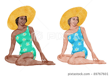 Watercolor illustration of women girls on the beach, white and African female models, summer swimwear swinsuit. Tropical holiday vacation summertime life, sea ocean getaway, leisure sunbathing concept 89767601