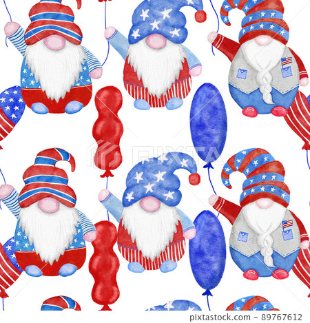 Watercolor hand drawn seamless border with 4th of july gnomes background, fourth of july Independence day patriotic print, red blue white balloons gifts, summer party decoration, stars and stripes. 89767612