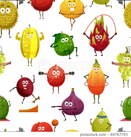 Cartoon funny fruit sportsman and athlete characters seamless pattern, vector background. Tropical fruits on fitness and sport pattern, papaya with hula hoop, litchi on skateboard and durian in gym 89767705