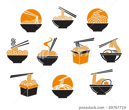 Asian ramen bowl and box of noodle soup, vector food icons for Chinese or Japanese and Korean restaurant. Chopsticks and bowl of udon or ramen noodles emblems for Asian cuisine wok dishes menu Asian ramen bowl and box of noodle soup, vector food icons for Chinese or Japanese and Korean restaurant. Chopsticks and bowl of udon or ramen noodles emblems for Asian cuisine wok dishes menu 89767719