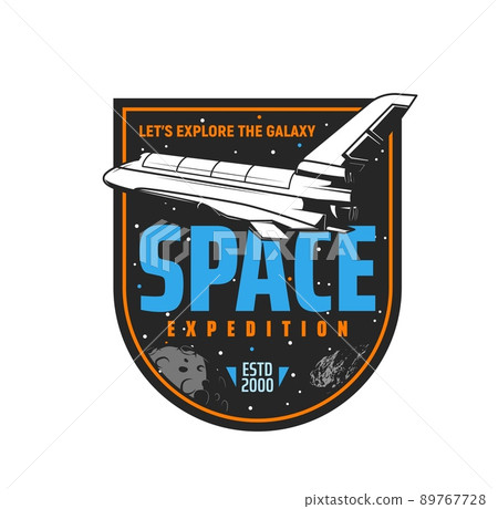 Space shuttle in galaxy universe, isolated vector icon of spaceship with rocket, Moon, planet, stars and asteroid. Space travel, galaxy exploration expedition and adventure symbol Space shuttle in galaxy universe, isolated vector icon of spaceship with rocket, Moon, planet, stars and asteroid. Space travel, galaxy exploration expedition and adventure symbol 89767728