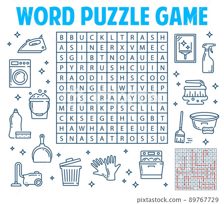 Housing, washing and cleaning tools, word search puzzle game, vector worksheet quiz grid. Kids education riddle game to search and find words of washer, gloves and bucket with vacuum cleaner and iron Housing, washing and cleaning tools, word search puzzle game, vector worksheet quiz grid. Kids education riddle game to search and find words of washer, gloves and bucket with vacuum cleaner and iron 89767729