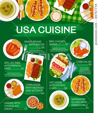 USA cuisine restaurant meat meals menu page. Baked beans with bacon, grilled ribs and corn dogs, cookies with chocolate drops, BBQ chicken and cobb salad, hot dogs, marinated olives with chili vector USA cuisine restaurant meat meals menu page. Baked beans with bacon, grilled ribs and corn dogs, cookies with chocolate drops, BBQ chicken and cobb salad, hot dogs, marinated olives with chili vector 89767734