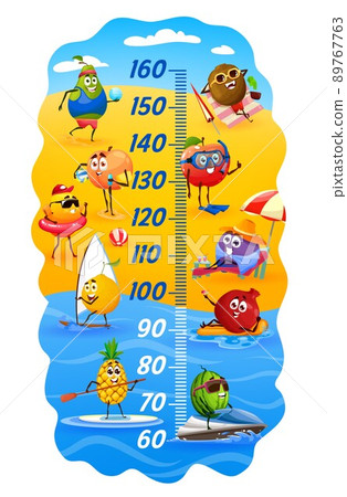 Kids height chart with funny cartoon fruits on summer beach vacation. Child height measure chart, growth measure vector meter with happy fruits characters swimming, diving and surfing on beach 89767763